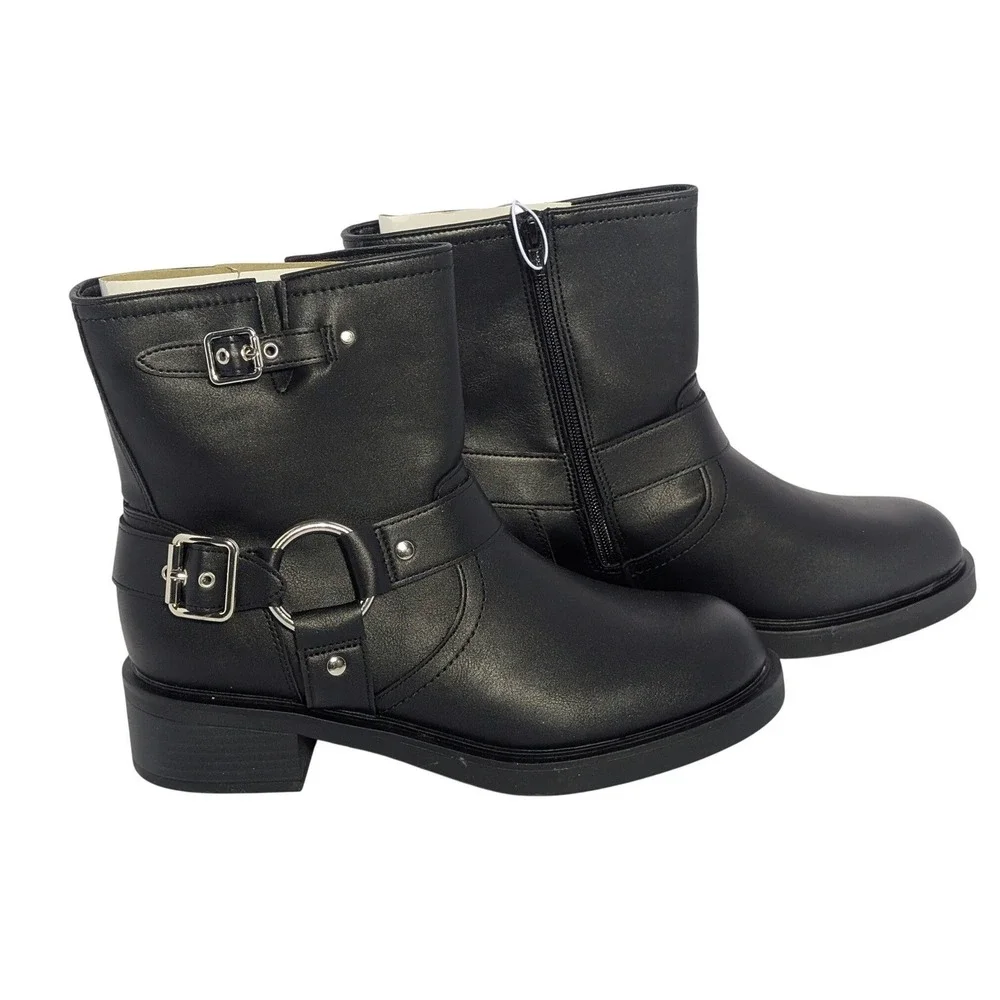Black Moto Harness Ankle Boot 11 Buckle Strap Biker Western Side Zip Chunky Heel - Picture 1 of 6